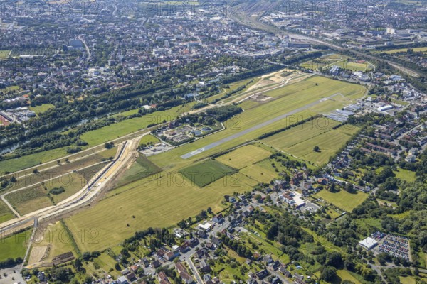 Aerial view, Lippe meadows, construction site new sheet pile wall, flood protection, Datteln-Hamm canal, Lippe, Bad Hamm, Hamm, Ruhr area, North Rhine-Westphalia, Germany, DE, Europe, birds-eyes, view, aerial photography, aerial photography, aerial photography, overview, overview, bird's eye view, flood, water management, waterway, shipping, transport, logistics, goods movement, ships, waters
