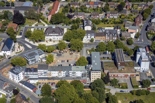 Aerial view, construction site remodelling - renewal market place, Heessen, Hamm, Ruhr area, North Rhine-Westphalia, Germany, DE, Europe, birds-eyes, view, aerial photography, aerial photography, overview, bird's eye view, Hamm-Heessen, market, weekly market market, fresh food, organic food