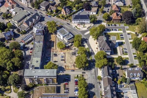 Aerial view, construction site remodelling - renewal market place, Heessen, Hamm, Ruhr area, North Rhine-Westphalia, Germany, DE, Europe, birds-eyes, view, aerial photography, aerial photography, overview, bird's eye view, Hamm-Heessen, market, weekly market market, fresh food, organic food