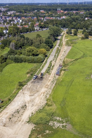 Aerial photo, construction site new sheet pile wall Lippewiesen, Hamm, Ruhr area, North Rhine-Westphalia, Germany, DE, Europe, birds-eyes, view, aerial photo, aerial photography, aerial photography, overview, bird's eye view, flood protection, flooding, water management