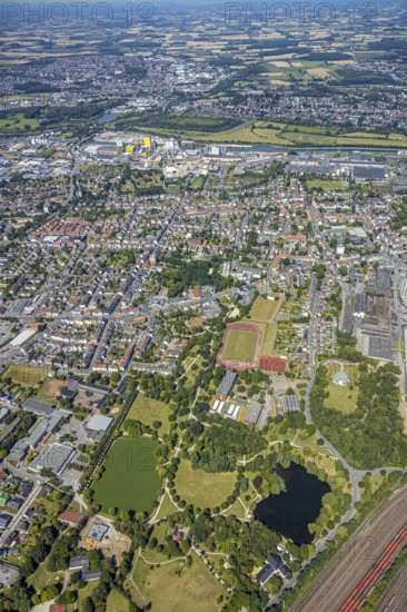 Aerial view, overview Hamm-Westen towards Bockum-Hövel, Friedrich-Ebert-Park, WDI site, Hamm, Ruhr area, North Rhine-Westphalia, Germany, DE, Europe, birds-eyes, view, aerial photography, aerial photography, aerial photography, overview, bird's eye view, Hamm-Westen, leisure, local recreation, green spaces, flowers, trees