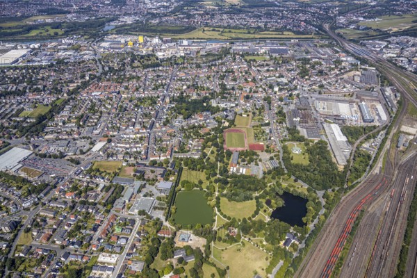 Aerial view, overview Hamm-Westen towards Bockum-Hövel, Friedrich-Ebert-Park, WDI site, Hamm, Ruhr area, North Rhine-Westphalia, Germany, DE, Europe, birds-eyes, view, aerial photography, aerial photography, aerial photography, overview, bird's eye view, Hamm-Westen, leisure, local recreation, green spaces, flowers, trees