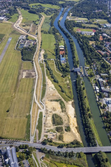 Aerial view, construction site Erlebensraum Lippeaue, Datteln-Hamm canal, sports fields of the HTC hockey and tennis club, EDLH airfield, Hamm, Alleecenter shopping centre, Hamm, Ruhr area, North Rhine-Westphalia, Germany