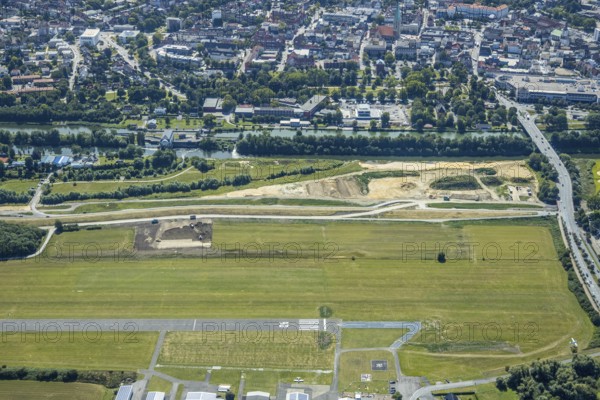Aerial photo, construction site, Lippe floodplain, Datteln-Hamm Canal, EDLH airfield, Hamm, Ruhr area, North Rhine-Westphalia, Germany, DE, Europe, birds-eyes, view, aerial photo, aerial photography, aerial photography, overview, overview, bird's eye view, Lippe, Hamm-Datteln Canal, waterway, shipping traffic, transport, logistics, goods movement, ships, waters, airfield, flying, air sports, leisure, pilot