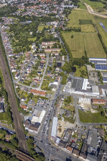 Aerial view, Heessener Straße eastbound, Seeburger Straße construction area, EDLH airfield, Münsterstraße, railway bridges, Hamm, Ruhr area, North Rhine-Westphalia, Germany, DE, Europe, birds-eyes, view, aerial photograph, aerial photography, aerial photography, overview, bird's eye view, construction, construction area, construction planning, construction areas, railway line, railway network, infrastructure, transport, train traffic, freight traffic, railway network