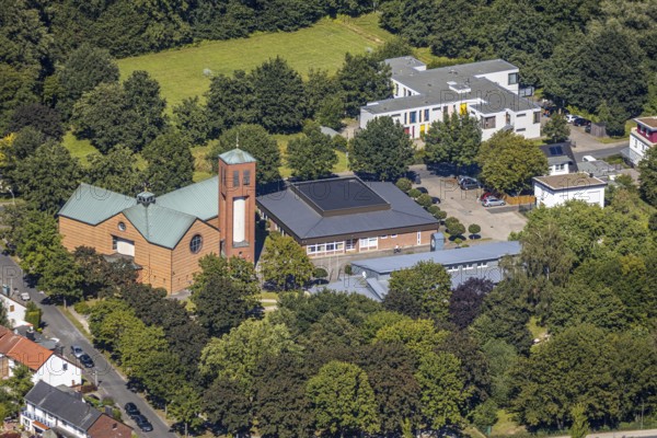 Aerial photo, Catholic parish Papst Johannes St. Marien Pfarrheim, Heessen, Hamm, Ruhr area, North Rhine-Westphalia, Germany, DE, Europe, birds-eyes, view, aerial photograph, aerial photography, aerial photography, overview, bird's eye view, church, religion, faith, service, mass