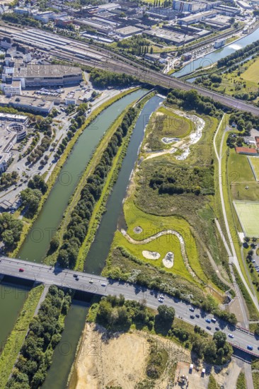 Aerial view, construction site Lippe floodplain, construction site water sports centre, sports fields of the HTC hockey and tennis club Hamm, Datteln-Hamm canal, Hamm, Ruhr area, North Rhine-Westphalia, Germany, DE, Europe, birds-eyes, view, aerial view, aerial photography, aerial photography, overview, bird's eye view, water sports centre, Lippe, waterway, shipping, transport, logistics, goods movement, ships, waters