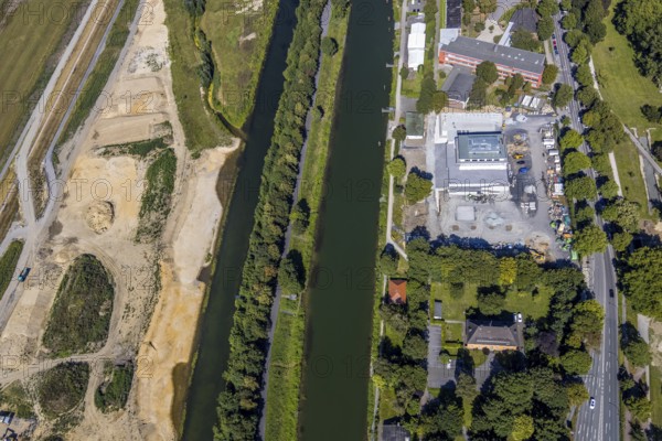 Aerial view, construction site Lippe floodplain, construction site water sports centre, Datteln-Hamm canal, Hamm, Ruhr area, North Rhine-Westphalia, Germany, DE, Europe, birds-eyes, view, aerial photograph, aerial photography, aerial photography, overview, bird's eye view, water sports centre, Lippe, waterway, shipping traffic, transport, logistics, goods movement, ships, waters