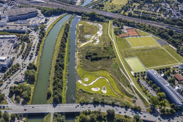 Aerial view, construction site Lippe floodplain, construction site water sports centre, sports fields of the HTC hockey and tennis club Hamm, Datteln-Hamm canal, Hamm, Ruhr area, North Rhine-Westphalia, Germany, DE, Europe, birds-eyes, view, aerial view, aerial photography, aerial photography, overview, bird's eye view, water sports centre, Lippe, waterway, shipping, transport, logistics, goods movement, ships, waters