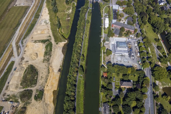 Aerial view, construction site Lippe floodplain, construction site water sports centre, Datteln-Hamm canal, Hamm, Ruhr area, North Rhine-Westphalia, Germany, DE, Europe, birds-eyes, view, aerial photograph, aerial photography, aerial photography, overview, bird's eye view, water sports centre, Lippe, waterway, shipping traffic, transport, logistics, goods movement, ships, waters