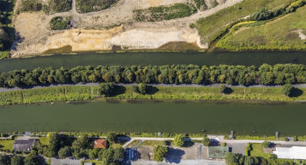 Aerial view, construction site Lippe floodplain, construction site water sports centre, Datteln-Hamm canal, Hamm, Ruhr area, North Rhine-Westphalia, Germany, DE, Europe, birds-eyes, view, aerial photograph, aerial photography, aerial photography, overview, bird's eye view, water sports centre, Lippe, waterway, shipping traffic, transport, logistics, goods movement, ships, waters