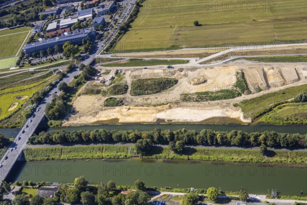 Aerial view, construction site Lippe floodplain, construction site water sports centre, Datteln-Hamm canal, airfield EDLH, Hamm, Ruhr area, North Rhine-Westphalia, Germany, DE, Europe, birds-eyes, view, aerial photograph, aerial photography, aerial photography, overview, overview, bird's eye view, water sports centre, Lippe, waterway, shipping traffic, transport, logistics, goods movement, ships, waters