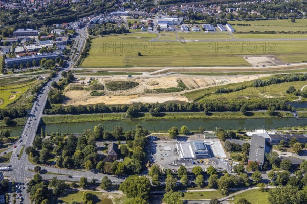 Aerial view, construction site Lippe floodplain, construction site water sports centre, Datteln-Hamm canal, airfield EDLH, Hamm, Ruhr area, North Rhine-Westphalia, Germany, DE, Europe, birds-eyes, view, aerial photograph, aerial photography, aerial photography, overview, overview, bird's eye view, water sports centre, Lippe, waterway, shipping traffic, transport, logistics, goods movement, ships, waters