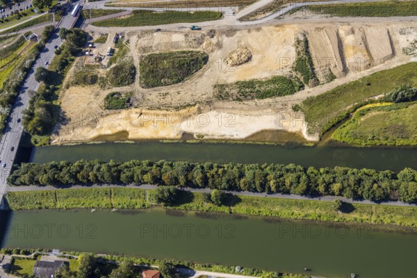 Aerial view, construction site Lippe floodplain, construction site water sports centre, Datteln-Hamm canal, Hamm, Ruhr area, North Rhine-Westphalia, Germany, DE, Europe, birds-eyes, view, aerial photograph, aerial photography, aerial photography, overview, bird's eye view, water sports centre, Lippe, waterway, shipping traffic, transport, logistics, goods movement, ships, waters
