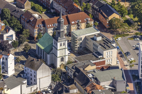 Aerial view, renovated protestant youth church Martin-Luther, new building flats Südenwall, Hamm, Ruhr area, North Rhine-Westphalia, Germany, DE, Europe, birds-eyes, view, aerial photography, aerial photography, overview, bird's eye view, house of God, religion, faith, worship, mass, living, flat, houses, residential buildings, housing estate, settlement