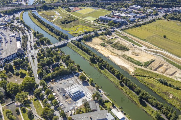 Aerial view, construction site Erlebensraum Lippeaue, Datteln-Hamm-Canal, Hammer Technologie- und Gründerzentrum Hamtec, sports fields of HTC Hockey- und Tennisclub, airfield EDLH, Hamm, shopping centre Alleecenter, Ruhr area, North Rhine-Westphalia, Germany, DE, Europe, birds-eyes, view, aerial view, aerial photography, aerial photography, overview, overview, bird's-eye view, Lippe, Hamm-Datteln-Kanal, shopping, food, clothing, consumption, consumer, technology centre, technology, company, development, waterway, shipping, transport, logistics, goods movement, ships, waters, goods, shopping, textiles, airfield, flying, air sports, leisure, pilot