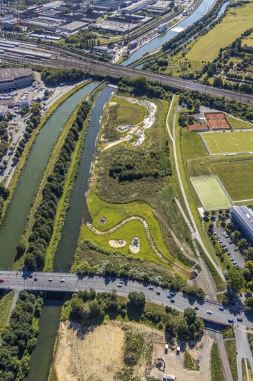 Aerial view, construction site Lippe floodplain, construction site water sports centre, sports fields of the HTC hockey and tennis club Hamm, Datteln-Hamm canal, Hamm, Ruhr area, North Rhine-Westphalia, Germany, DE, Europe, birds-eyes, view, aerial view, aerial photography, aerial photography, overview, bird's eye view, water sports centre, Lippe, waterway, shipping, transport, logistics, goods movement, ships, waters