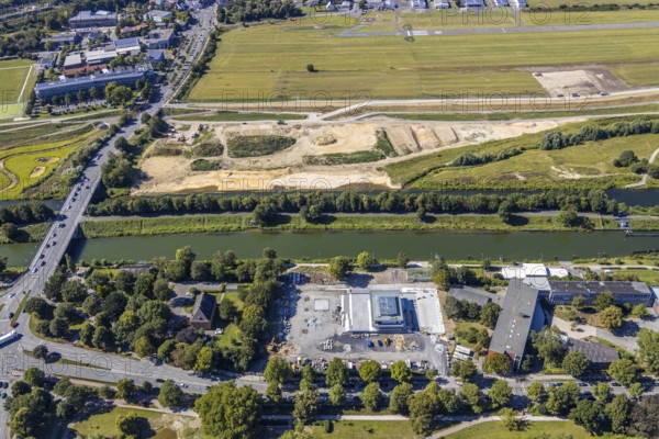 Aerial view, construction site Lippe floodplain, construction site water sports centre, Datteln-Hamm canal, airfield EDLH, Hamm, Ruhr area, North Rhine-Westphalia, Germany, DE, Europe, birds-eyes, view, aerial photograph, aerial photography, aerial photography, overview, overview, bird's eye view, water sports centre, Lippe, waterway, shipping traffic, transport, logistics, goods movement, ships, waters