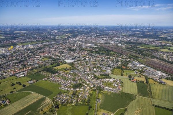 Aerial view, overview Hamm-Westen, Lohauserholz, marshalling yard, Wiescherhöfen, Hamm, Ruhr area, North Rhine-Westphalia, Germany, DE, Europe, birds-eyes, view, aerial photograph, aerial photography, aerial photography, overview, bird's eye view, Hamm-Westen, freight, freight yard, goods trains, freight traffic, transport, logistics