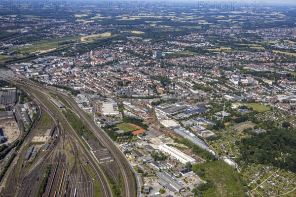 Aerial view, overview centre, marshalling yard, Hamm, Ruhr area, North Rhine-Westphalia, Germany, DE, Europe, birds-eyes, view, aerial photography, aerial photography, aerial photography, overview, bird's eye view, centre, freight, freight yard, goods trains, freight traffic, transport, logistics
