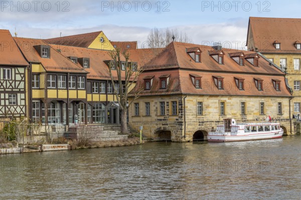 Idyllic riverside scenery in Bamberg, a town in Upper Franconia, Germany