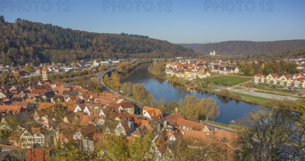 Aerial view of Wertheim, a town in Southern Germany at evening time