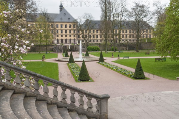 Park around a historic building named Stadtschloss in Fulda, a city in Hesse, Germany