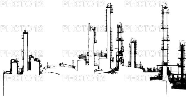 Black and white halftone Oil refinery illustration