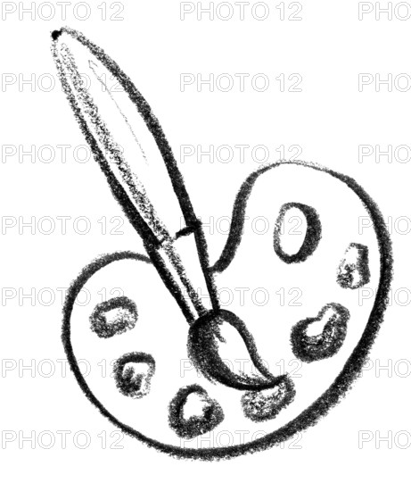 Crayon-sketched illustration of a palette and brush