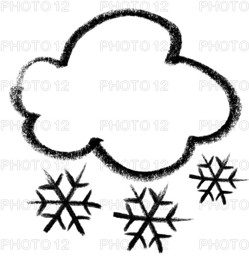 Crayon-sketched illustration of a cloud and snowflakes