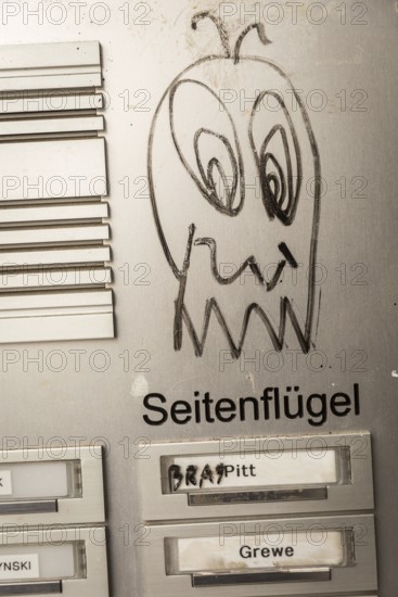 DEU Germany Germany Berlin A face on a doorbell sign in Neukölln