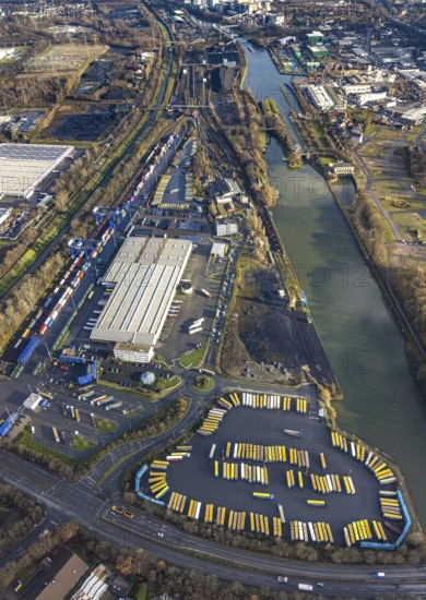 Aerial view, commercial area Am Westhafen, CTH Container Terminal Herne GmbH, Müller - Die lila Logistik AG, Rhein-Herne-Kanal, Unser Fritz, Herne, Ruhr area, North Rhine-Westphalia, Germany, Alte Schleuse Wanne-Eickel, container, DE, Europe, shapes and colours, commercial enterprises, commercial area, commercial area, commercial park, commercial location, commercial use, freight transport, industrial facilities, industrial area, industrial location, logistics, logistics service, logistics service provider, logistics provider, aerial view, aerial photography, aerial photography, Rhine-Ruhr metropolitan region, transport, overview, bird's-eye view, overview