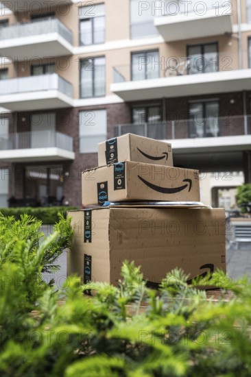 DEU Germany Germany Berlin Parcels from online retailer Amazon are left on a wall in the courtyard of a new building complex