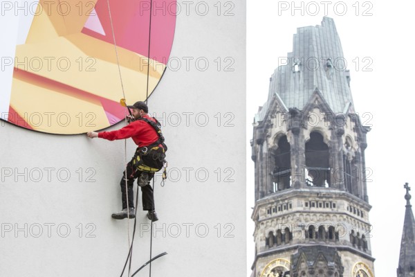 DEU Germany Germany Berlin A worker removes the outdoor advertising for a spring installation in the Bikini-Haus
