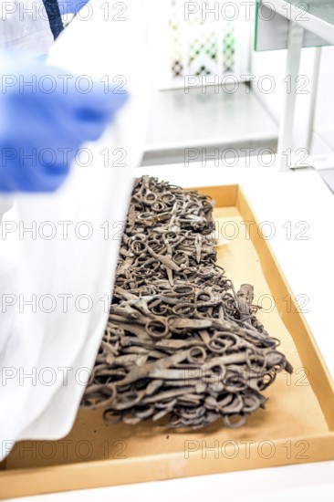 POL Poland Auschwitz Photo series about the memorial site of the former Auschwitz-Birkenau concentration camp. Processing of artefacts in the conservation laboratory. Scissors fused by fire. POL Poland Auschwitz Scenes at the Holocaust Memorial .Preserving laboratories with historic items.A block of melted scissors.Each year more than 2 million visitors are touring through the remains of the former German Nazi concentration and extermination camp Auschwitz-Birkenau. More than 1, 1 million people have been killed here between 1940 and 1945