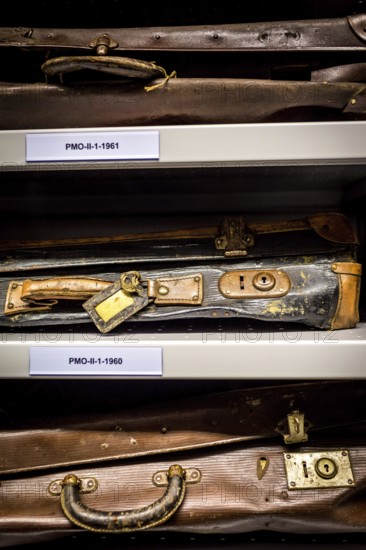 POL Poland Auschwitz Photo series about the memorial site of the former Auschwitz-Birkenau concentration camp. Storage of artefacts, here suitcases, in the conservation laboratory. POL Poland Auschwitz Scenes at the Holocaust Memorial .Preserving laboratories with historical items.Work on suitcases. Each year more than 2 million visitors are touring through the remains of the former German Nazi concentration and extermination camp Auschwitz-Birkenau. More than 1, 1 million people have been killed here between 1940 and 1945