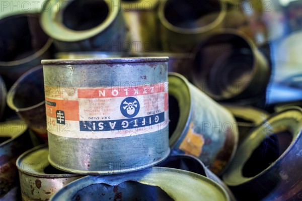 POL Poland Auschwitz Photo series about the memorial site of the former concentration camp Auschwitz-Birkenau.Empty gas cans of cyclon B. POL Poland Auschwitz Scenes at the Holocaust Memorial .Empty gas cans of cyclon b.Each year more than 2 million visitors are touring through the remains of the former German Nazi concentration and extermination camp Auschwitz-Birkenau. More than 1, 1 million people have been killed here between 1940 and 1945