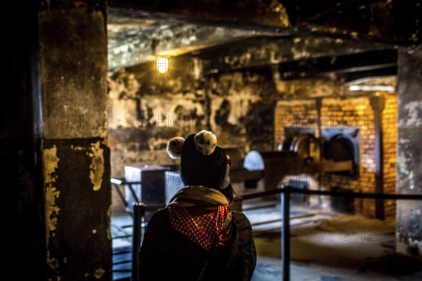 POL Poland Auschwitz Photo series about the memorial site of the former Auschwitz-Birkenau concentration camp. Visitor watches the oven next to the gas chamber. POL Poland Auschwitz Scenes at the Holocaust Memorial .Visitor watches the oven next to the gas chamber.Each year more than 2 million visitors are touring through the remains of the former German Nazi concentration and extermination camp Auschwitz-Birkenau. More than 1, 1 million people have been killed here between 1940 and 1945