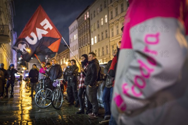 DEU Germany Germany Berlin Foodora bike couriers protest against poor working conditions and unequal pay in front of their distribution centre (hub) in Ackerstraße