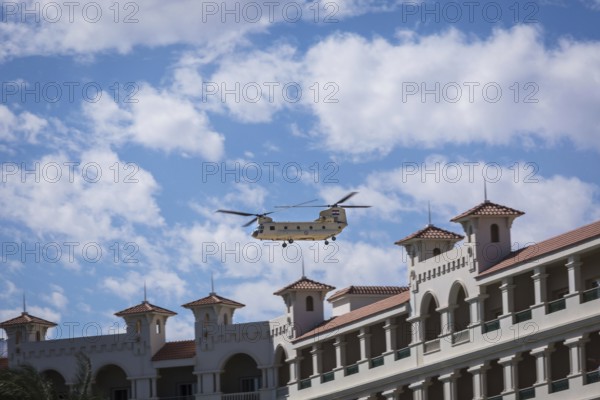 Egypt Hurghada An Egyptian military helicopter flies over a hotel complex