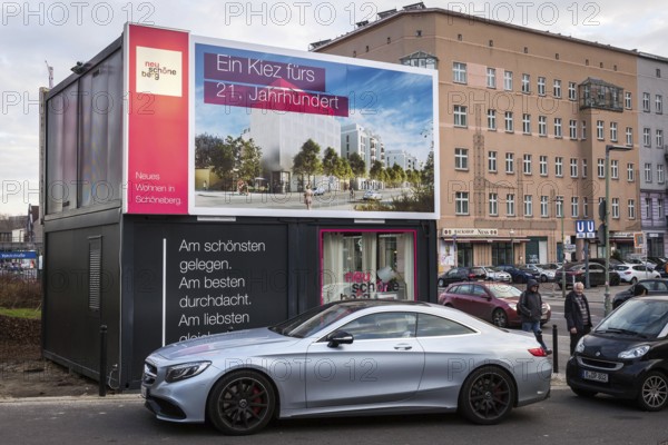 DEU Germany Germany Berlin A luxury car parked in front of a presentation container for new buildings on Yorckstrasse The two-storey showrooms market property in Schöneberg