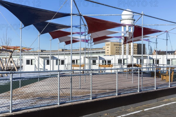 DEU Germany Germany Berlin A newly designed container village for refugees, the 'Tempohome', at the former Tempelhof airport in the city centre