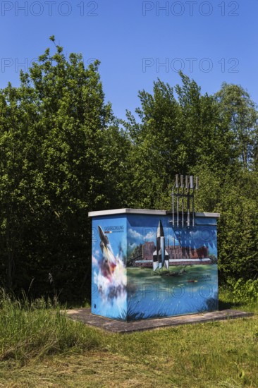 DEU Germany Germany Peenemünde Advertisement of Gasversorgung Vorpommern with the image of the V2 rocket on a switch box at the entrance to the town