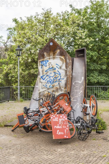 DEU Germany Germany Berlin Bikes from the hire company Mobike have been assembled into a special installation at a memorial in Crellestraße