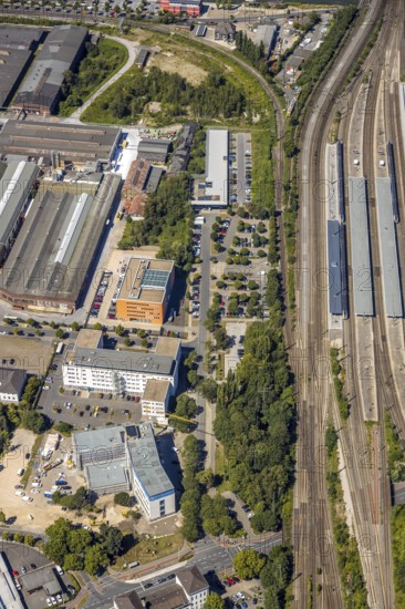 Aerial view, Unionstraße behind Hamm main station, DB Netz AG, production implementation Hamm, medical service of the health insurance Westfalen-Lippe, car park Hamm station, Hamm, Ruhr area, North Rhine-Westphalia, Germany, DE, Europe, birds-eyes view, aerial view, aerial photography, aerial photography, overview, bird's eye view