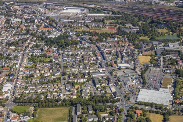 Aerial view, course of Wilhemstraße with new district centre, between former LEZ, now Kaufland in the west and former Thyssen administration at the main station, Hamm, Ruhr area, North Rhine-Westphalia, Germany, DE, Europe, birds-eyes view, aerial view, aerial photography, aerial photography, overview, bird's eye view