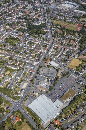 Aerial view, course of Wilhemstraße with new district centre, between former LEZ, now Kaufland in the west and former Thyssen administration at the main station, Hamm, Ruhr area, North Rhine-Westphalia, Germany, DE, Europe, birds-eyes view, aerial view, aerial photography, aerial photography, overview, bird's eye view