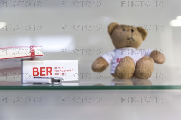 DEU Germany Germany Berlin Views of BER Berlin Brandenburg Airport, scheduled to open in 2020. Showcase with souvenirs in the dialogue centre
