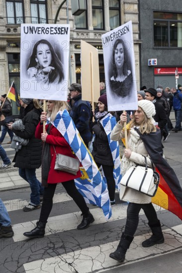 DEU Germany Germany Berlin Demonstration ' March of Women, which was organised by AFD member, the Kurdish woman Leyla Bilge. The protest was directed against the sexism of asylum seekers and the German government's immigration policy. Women with signs of alleged victims