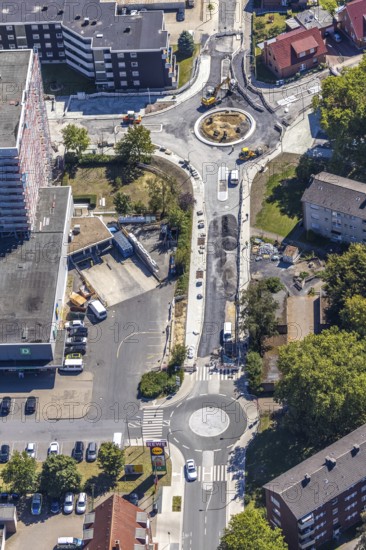 Aerial view, road construction, Baumerstrasse, Rautensteinstrasse, Friedrich-Ebert-Strasse, roundabouts, Bockum-Hövel, Hamm, Ruhr area, North Rhine-Westphalia, Germany, DE, Europe, birds-eyes view, aerial photography, aerial photography, overview, bird's eye view